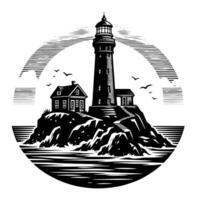 Black and White Illustration of a traditional old Lighthouse on the rocks vector