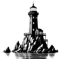 Black and White Illustration of a traditional old Lighthouse on the rocks vector