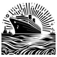 Black and White Illustration of a ocean liner at the sea vector