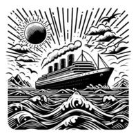 Black and White Illustration of a ocean liner at the sea vector