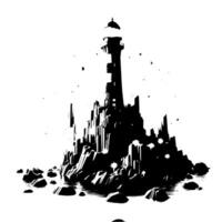 Black and White Illustration of a traditional old Lighthouse on the rocks vector