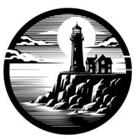 Black and White Illustration of a traditional old Lighthouse on the rocks vector