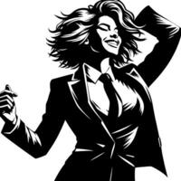 negro y blanco ilustración de un mujer en negocio traje es bailando y sacudida en un exitoso actitud vector