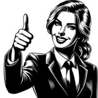 Black and White Illustration of a Woman in Business Suit is showing the Thumbs up Sign vector