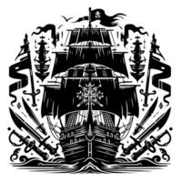 Black and White Illustration of pirate ship vector