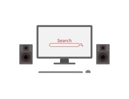 Worktable computer monitor with speakers and search in flat, vector