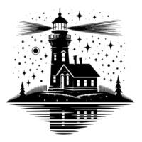 Black and White Illustration of a traditional old Lighthouse on the rocks vector