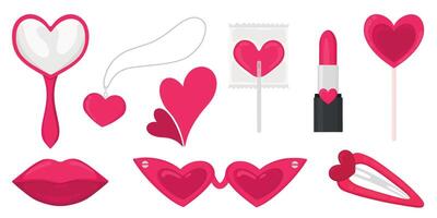 Set of pink girly elements. Cute pink heart shaped elements. vector