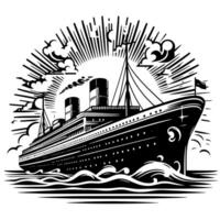 Black and White Illustration of a ocean liner at the sea vector