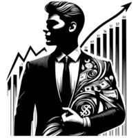 Black and white Illustration of a successful Business Man with Money Cars and Luxus vector