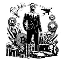 Black and white Illustration of a successful Business Man with Bitcoins Money Cars and Luxus vector