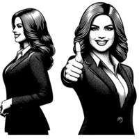 Black and White Illustration of a Woman in Business Suit is showing the Thumbs up Sign vector