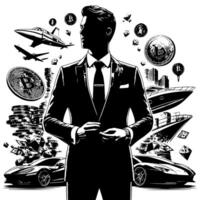 negro y blanco ilustración de un exitoso negocio hombre con bitcoins dinero carros y lujo vector