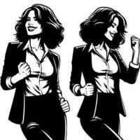 negro y blanco ilustración de un mujer en negocio traje es bailando y sacudida en un exitoso actitud vector