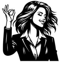 Black and White Illustration of a Woman in Business Suit is dancing and shaking in a Successful Pose vector