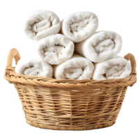 Basket of clean towels on a wooden table on isolated transparent background png