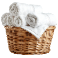 Basket of clean towels on a wooden table on isolated transparent background png