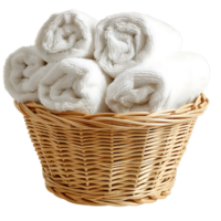 Basket of clean towels on a wooden table on isolated transparent background png