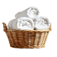 Basket of clean towels on a wooden table on isolated transparent background png