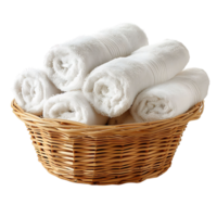 Basket of clean towels on a wooden table on isolated transparent background png