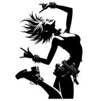 negro y blanco ilustración de un punk mujer es bailando y sacudida en un exitoso actitud vector