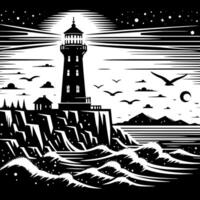 negro y blanco ilustración de un tradicional antiguo faro en el rocas vector