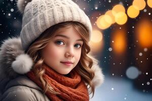 A young girl wearing a white hat and a red scarf is smiling at the camera photo