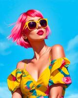 A woman with pink hair and yellow sunglasses is wearing a yellow floral dress photo