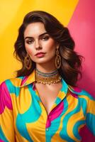 A woman wearing a colorful shirt and gold earrings photo