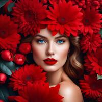 A woman is surrounded by red flowers, with her face in the center of the image photo