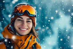 Woman with big smile and snow on her goggles and hat photo