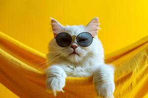 White cat with sunglasses on and yellow background photo