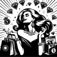 Black and white Illustration of a lucky luxurious Shopping Lady with Bags and Diamonds and Parfum vector