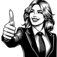 Black and White Illustration of a Woman in Business Suit is showing the Thumbs up Sign vector