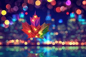 Maple leaf and garland with colorful bokeh lights photo