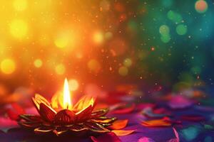 Beautiful diwali diya on colorful bokeh background photo
