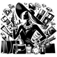 Black and white Illustration of a lucky luxurious Shopping Lady with Bags and Diamonds and Parfum vector