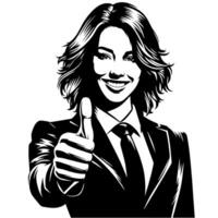 Black and White Illustration of a Woman in Business Suit is showing the Thumbs up Sign vector