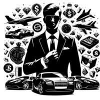 negro y blanco ilustración de un exitoso negocio hombre con dinero carros muchachas y lujo vector