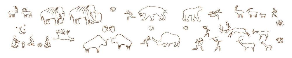 Ancient prehistoric rock paintings outline. Cave contour paintings of primitive people hunting mammoths and rhinoceros making cromagnan women campfires and and graze goats. vector