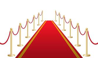 Red carpet with fencing gold bollards template. Security barrier with rope at solemn ceremonies and events vector