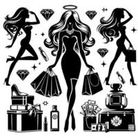 Black and white Illustration of a lucky luxurious Shopping Lady with Bags and Diamonds and Parfum vector