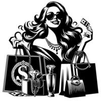 Black and white Illustration of a lucky luxurious Shopping Lady with Bags and Diamonds and Parfum vector