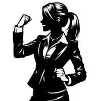 Black and White Illustration of a Woman in Business Suit is dancing and shaking in a Successful Pose vector