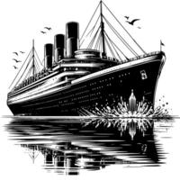 Black and White Illustration of a ocean liner at the sea vector