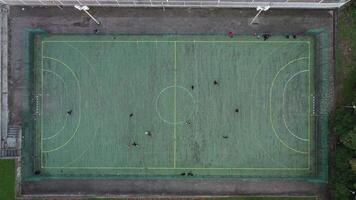 Football field aerial view, public soccer court for training and competition in city. video