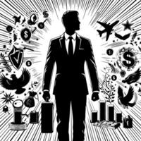 Black and white Illustration of a successful Business Man with Money Cars and Luxus vector