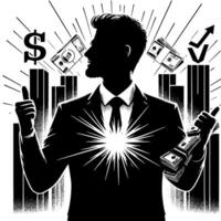 Black and white Illustration of a successful Business Man with Money Cars and Luxus vector