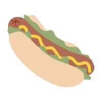 Hotdog. Isolated Flat illustration Fast food for Poster, Menu, Brochure, Web Fastfood. Street Food with Sausage, Ketchup, Sause, Green Salad Leaves. Tasty American Sandwich, Unhealthy Eating vector