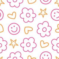 Doodle Seamless Pattern Happy Face Pattern Pink Daisy Seamless Design vector